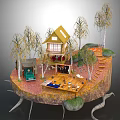 Cartoon Scene Featuring Floating Island Yellow House Trees Wooden Platform And Stairs