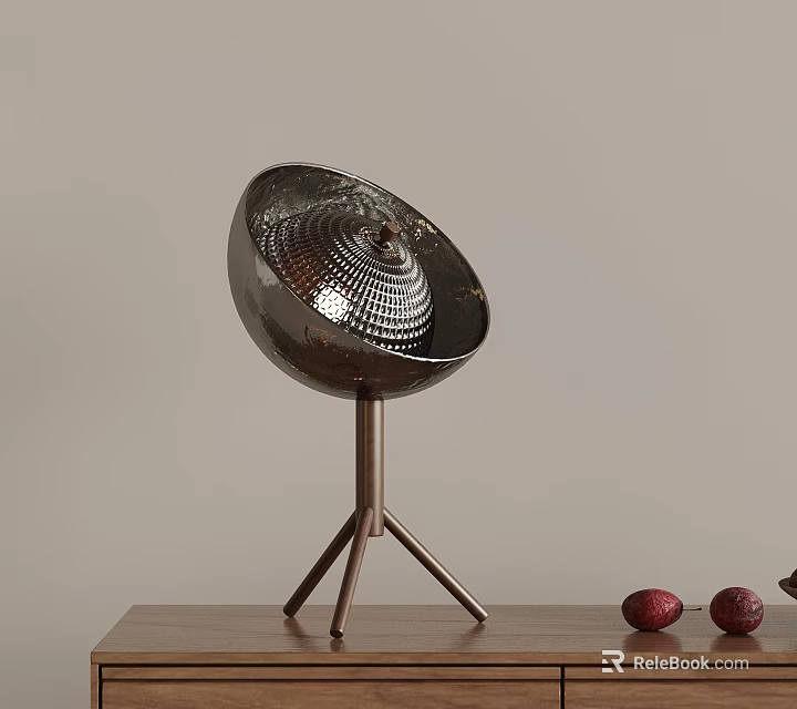 Stylish Silver Table Lamp with Hemispherical Perforated Shade and Tripod Metal Stand on Wooden Desk 3d model 