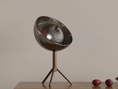 Stylish Silver Table Lamp with Hemispherical Perforated Shade and Tripod Metal Stand on Wooden Desk 3d model