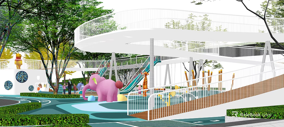 Fun Kids Playground with Pink Elephant Slide Giraffe Sculptures White Railings and Green Blue Flooring 3d model 