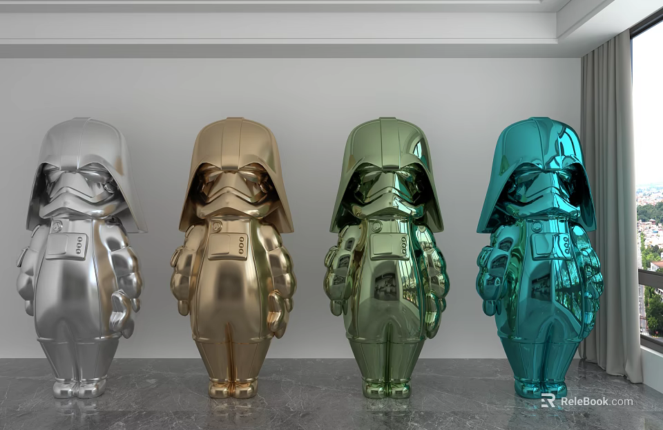 Silver Gold Green Blue Metallic Character Decorative Ornament Set On Display Shelf 3d model 