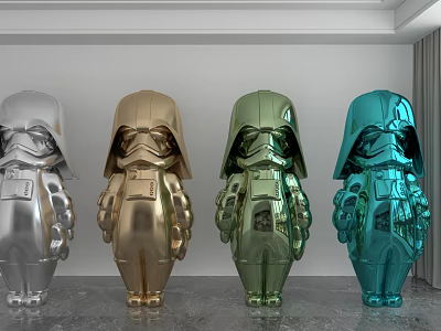 Silver Gold Green Blue Metallic Character Decorative Ornament Set On Display Shelf 3d model