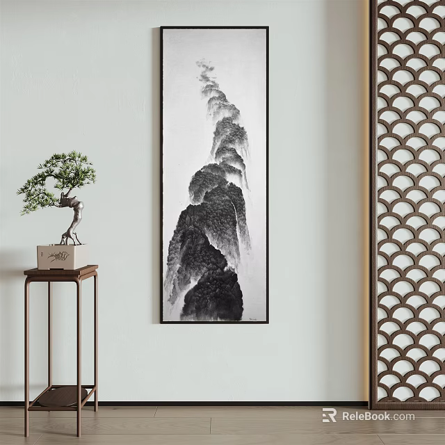 Traditional Interior Decor With Chinese Mountain Painting Bonsai And Patterned Screen 3d model
