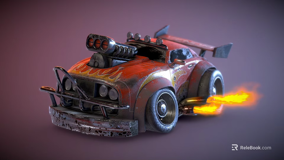 Rustic Modified Car With Flame Decals Flaming Exhaust Rear Spoiler And Big Wheels 3d model 