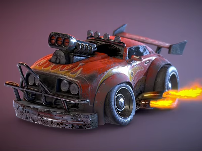 Rustic Modified Car With Flame Decals Flaming Exhaust Rear Spoiler And Big Wheels 3d model
