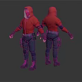 Two Characters In Red Hoodies Blue Pants Black Boots With Tool Bags Front Back Views