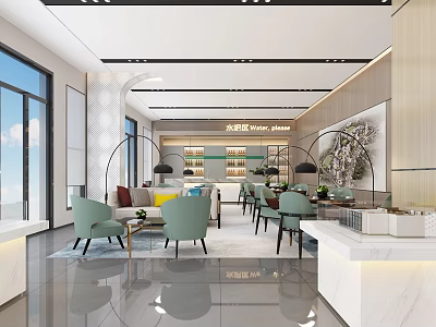 Modern Sales Office Interior With Sofa Chairs Coffee Tables Large Windows And Water Bar Area 3d model