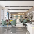 Modern Sales Office Interior With Sofa Chairs Coffee Tables Large Windows And Water Bar Area