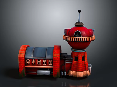 Red Brick Building With Tower Circular Structure Windows Roof And Railing Design 3d model