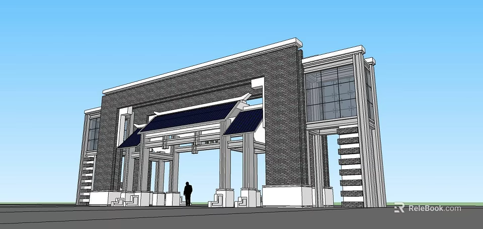Modern Entrance Gate Design With Brick Structure Large Glass Windows And Canopy Supported By Columns 3d model 