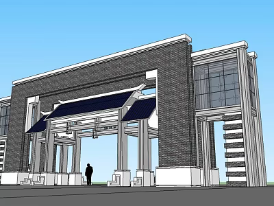 Modern Entrance Gate Design With Brick Structure Large Glass Windows And Canopy Supported By Columns 3d model