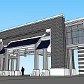 Modern Entrance Gate Design With Brick Structure Large Glass Windows And Canopy Supported By Columns
