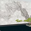 Light Background Garden Feature Wall With Golden Mountain Line Design And Pool Side Small Tree 3d model