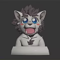 Cartoon Lion Cat Character With Purple Mane Blue Big Eyes Open Mouth And White Base