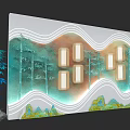 Exhibition Hall Cultural Wall With Wavy Lines Bamboo Patterns Square Lights And Landscape Elements 3d model
