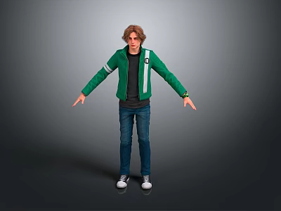 Man in Green Jacket Black Top Blue Jeans White Shoes Standing Arms Outstretched Against Gray Background 3d model