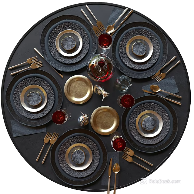 Elegant Black Dining Table Set With Gold Accent Plates Wine Glasses And Cutlery 3d model 