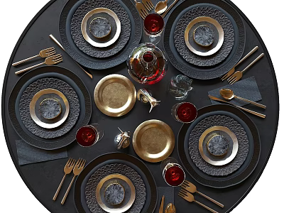 Elegant Black Dining Table Set With Gold Accent Plates Wine Glasses And Cutlery 3d model