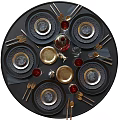 Elegant Black Dining Table Set With Gold Accent Plates Wine Glasses And Cutlery