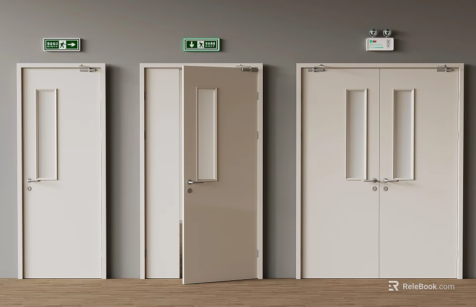 Fire Equipment Featuring Green Exit Signs Above Open And Closed Fire Doors In Building 3d model 