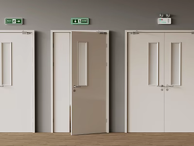 Fire Equipment Featuring Green Exit Signs Above Open And Closed Fire Doors In Building 3d model