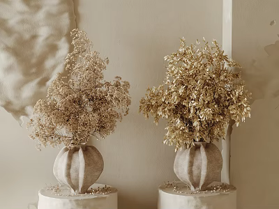 Textured Gray Vases With Dried Flowers On Light Colored Pedestals Against Beige Wall 3d model