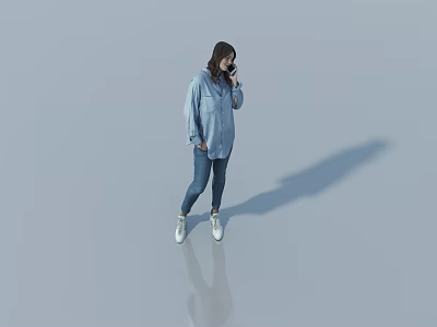 Woman Standing In Light Background Talking On Phone Wearing Blue Shirt Jeans And White Shoes 3d model