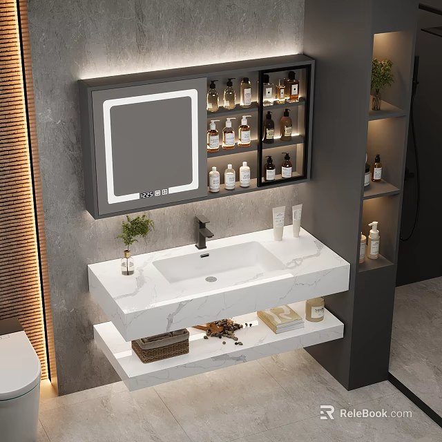 Modern Bathroom Vanity Cabinet With Marble Countertop Sink Mirror Skincare Products And Small Plant 3d model 