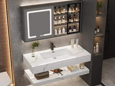 Modern Bathroom Vanity Cabinet With Marble Countertop Sink Mirror Skincare Products And Small Plant 3d model
