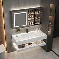 Modern Bathroom Vanity Cabinet With Marble Countertop Sink Mirror Skincare Products And Small Plant