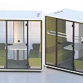 Modern Public Chair Enclosed Booth With Glass Doors White Exterior Green Seats And Small Table