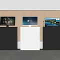 Three Computer Monitors On Different Colored Display Stands With Light Wall Background 3d model