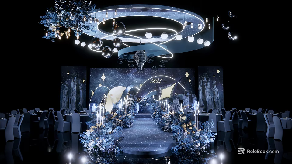 Luxurious Banquet Hall With Starry Theme Backdrop Decorative Chandeliers And Flower Walkway 3d model 