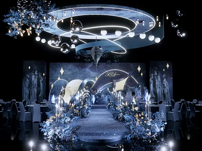 Luxurious Banquet Hall With Starry Theme Backdrop Decorative Chandeliers And Flower Walkway 3d model