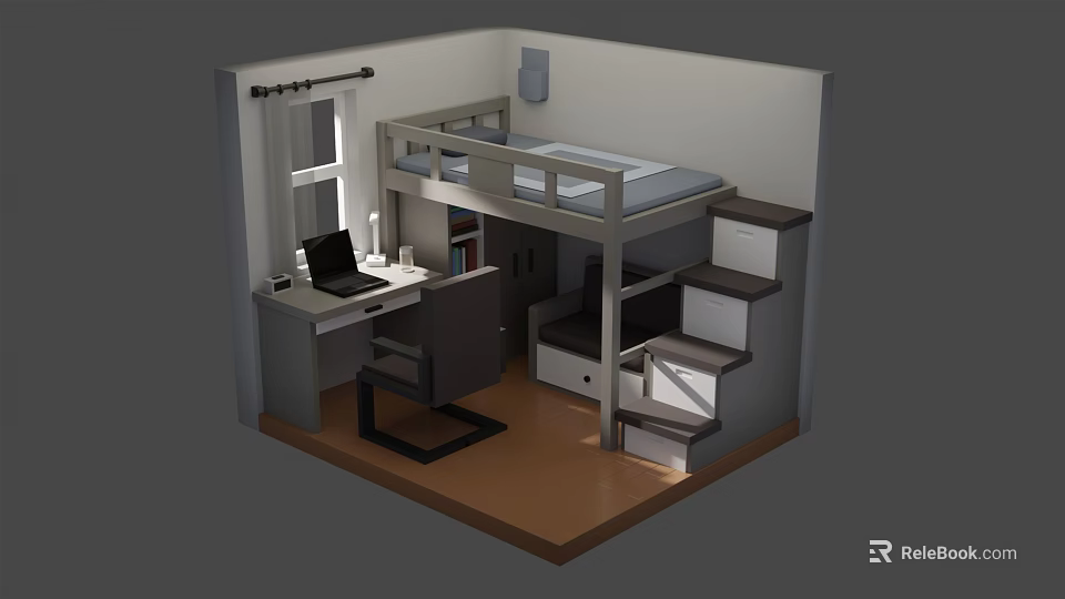 Cartoon Room Scene With Bunk Bed Desk Bookshelf Laptop Chair And Stairs 3d model 