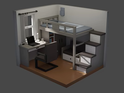 Cartoon Room Scene With Bunk Bed Desk Bookshelf Laptop Chair And Stairs 3d model