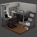 Cartoon Room Scene With Bunk Bed Desk Bookshelf Laptop Chair And Stairs