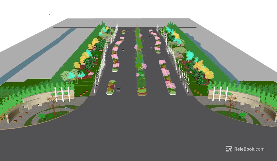 Municipal Road With Green Belts Trees And Flowers On Both Sides 3d model 