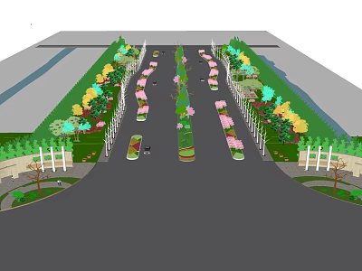 Municipal Road With Green Belts Trees And Flowers On Both Sides 3d model
