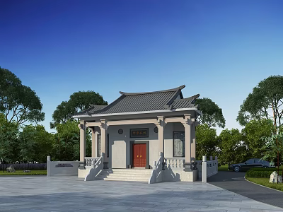 Traditional Ancient Architecture With Classic Roof Red Door Stone Steps And Green Trees 3d model