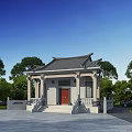 Traditional Ancient Architecture With Classic Roof Red Door Stone Steps And Green Trees