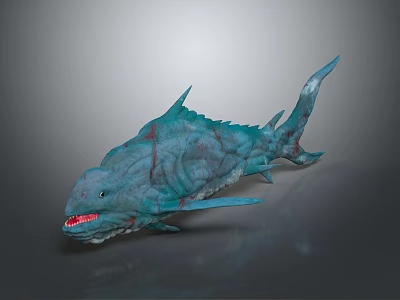 Aquatic Animal Prehistoric Looking Fish With Turquoise Body Red Patterns Open Mouth Sharp Teeth 3d model