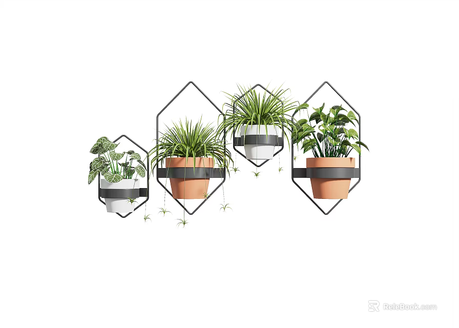Wall Mounted Potted Plants with Geometric Metal Frames and Lush Green Foliage for Home Decor 3d model 