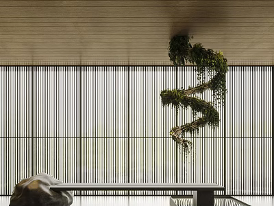 Spiral Green Plant Installation As Garden Decor Hanging From Wooden Ceiling By Glass Windows 3d model
