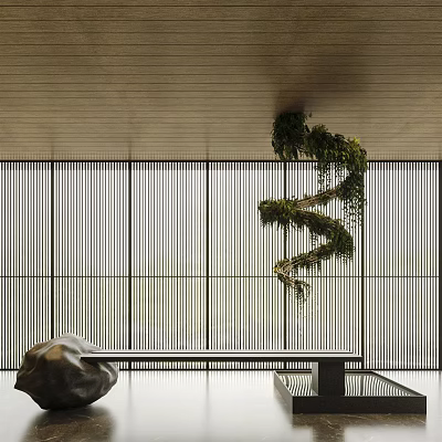Spiral Green Plant Installation As Garden Decor Hanging From Wooden Ceiling By Glass Windows 3d model