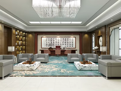 Traditional Chinese Office Interior With Sofa Coffee Tables Bookshelves And Calligraphy Painting Chandelier 3d model