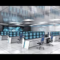 Modern Technical Control Room With Multiple Display Screens Workstations And Office Chairs 3d model