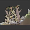 Paper Craft Cartoon Scene With Waterfall Stream Rocks Trees And Small Animals