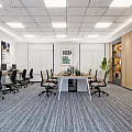 Modern Public Office Space With Desks Computers Task Chairs Wall Posters And Ceiling Lights 3d model