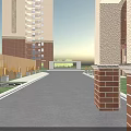 Children's Play Area With High Rise Buildings Green Trees Colorful Slides Swings And Kids Playing